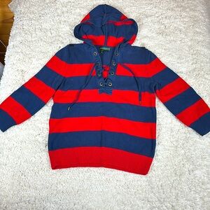 Ralph Lauren 100% Cotton Hooded Sweater, 3/4 Sleeves, Red/Blue, Size Medium